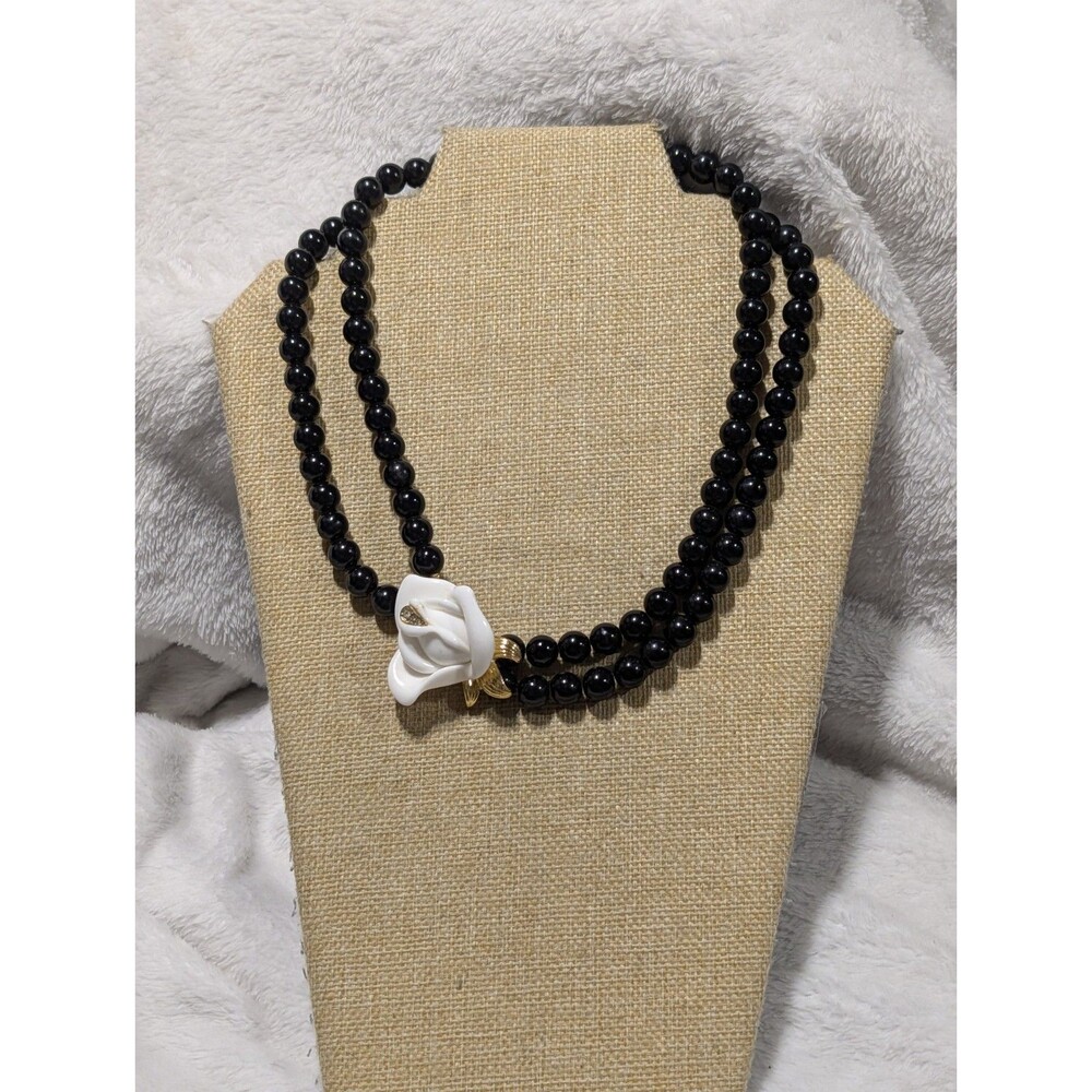 Vintage KJL for AVON Kenneth Jay Lane Black Bead 2-Strand White Rose Necklace